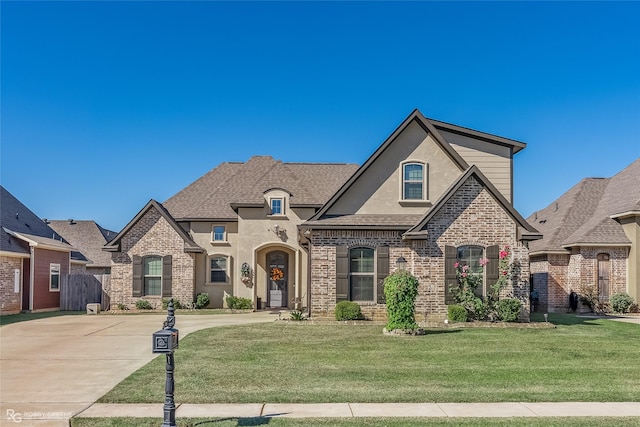 french country home featuring a front yard, brick siding, and stucco siding