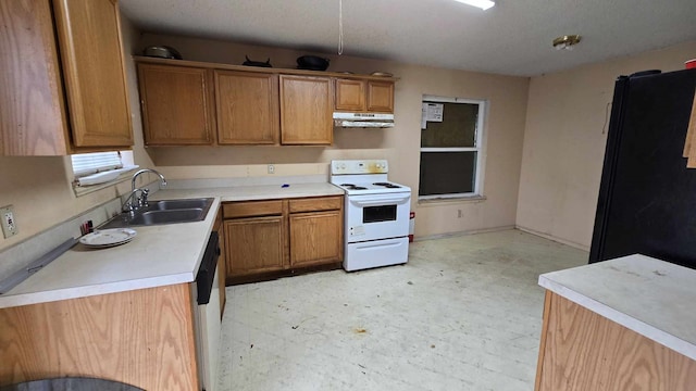 kitchen featuring under cabinet range hood, light countertops, white electric range, light floors, and a sink