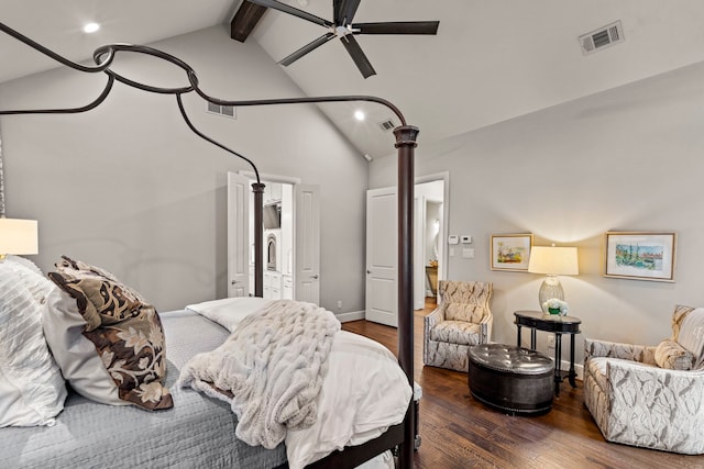 bedroom featuring dark wood finished floors, visible vents, a ceiling fan, high vaulted ceiling, and beamed ceiling