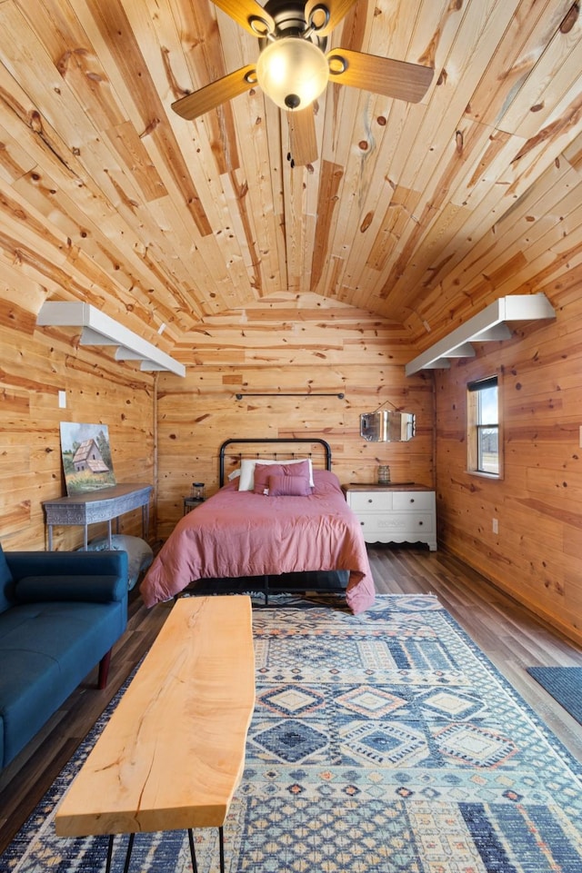 1036 Ten Box Rd, Sunset, TX 76270 - bedroom featuring wooden walls, wood-type flooring, vaulted ceiling, and wood ceiling