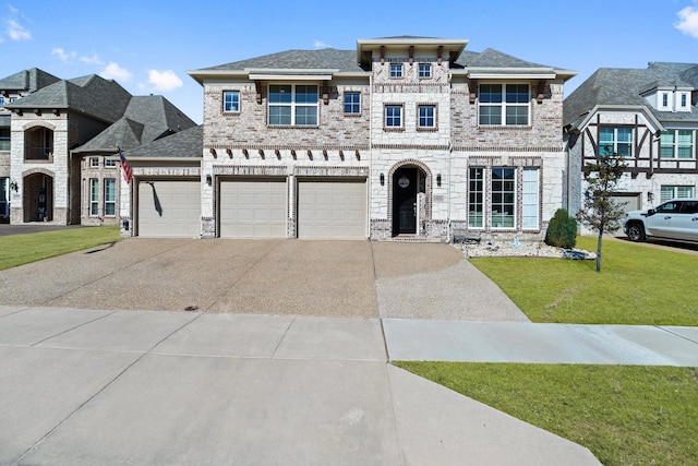 view of front of home featuring stone siding, a front lawn, and concrete driveway