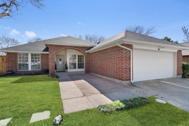 single story home featuring driveway, a garage, a front lawn, and brick siding