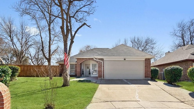 ranch-style house featuring a garage, concrete driveway, fence, a front lawn, and brick siding