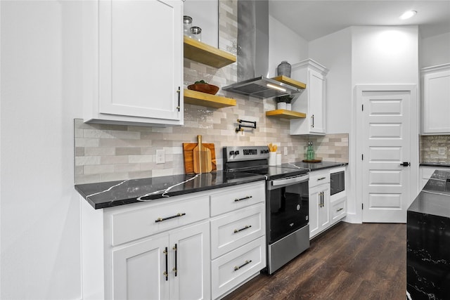 kitchen featuring tasteful backsplash, white cabinets, dark wood finished floors, electric stove, and extractor fan