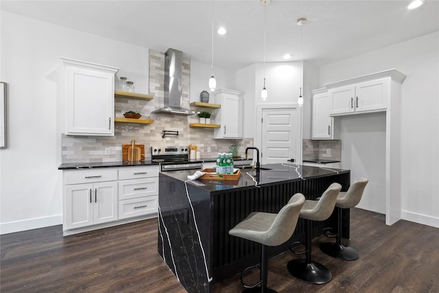 kitchen featuring wall chimney exhaust hood, dark wood-type flooring, stainless steel electric range, and open shelves