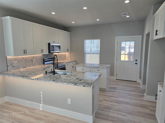 kitchen featuring light stone counters, stainless steel appliances, a peninsula, a sink, and white cabinetry