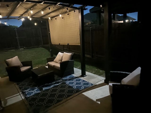 patio at twilight featuring a fenced backyard, a lawn, an outdoor living space, and a pergola