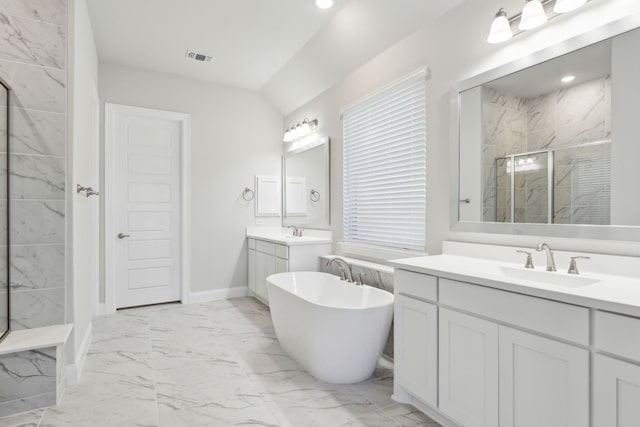 full bathroom with two vanities, a sink, visible vents, marble finish floor, and a shower stall