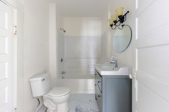 full bath featuring toilet, marble finish floor, washtub / shower combination, and vanity