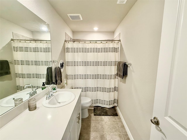 full bath with visible vents, toilet, vanity, tile patterned flooring, and baseboards