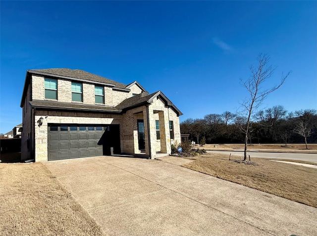 view of front facade featuring a garage, brick siding, concrete driveway, and roof with shingles