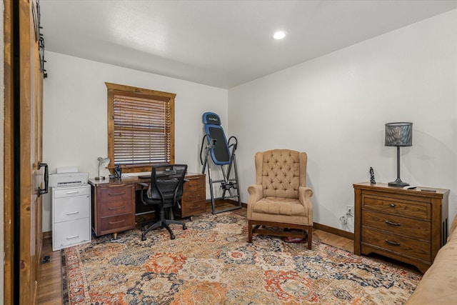 office with recessed lighting, light wood-type flooring, and baseboards