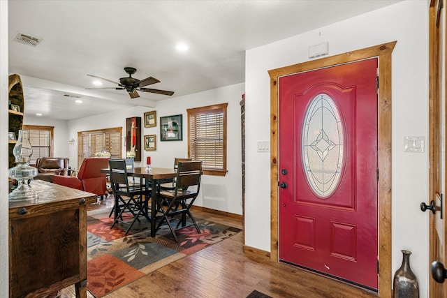 foyer entrance with ceiling fan, recessed lighting, wood finished floors, visible vents, and baseboards