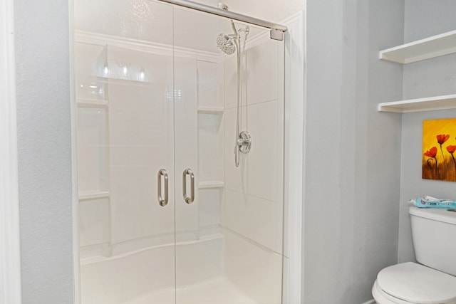 bathroom featuring a stall shower and toilet