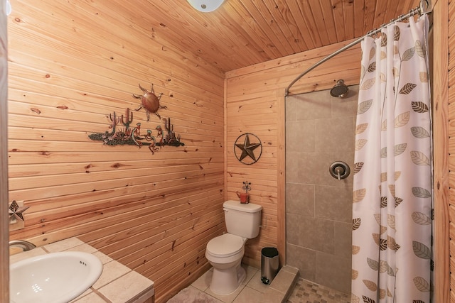 full bath featuring tile patterned flooring, toilet, a sink, wood ceiling, and a shower stall