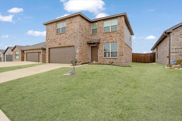 traditional home with brick siding, concrete driveway, an attached garage, fence, and a front lawn