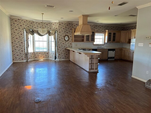 kitchen featuring a peninsula, white appliances, light countertops, custom exhaust hood, and glass insert cabinets