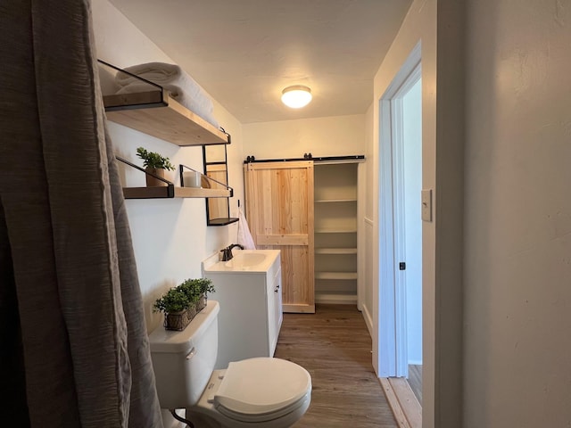 bathroom with vanity, wood finished floors, toilet, and a walk in closet