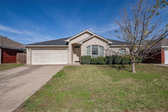 ranch-style house with brick siding, roof with shingles, a garage, driveway, and a front lawn