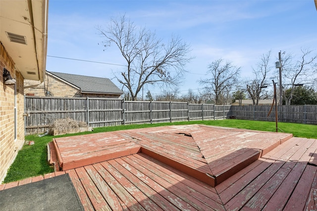 wooden terrace with a fenced backyard and a lawn