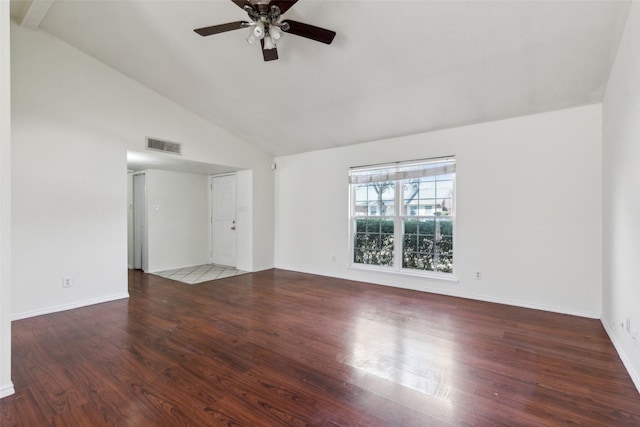 empty room with visible vents, ceiling fan, wood finished floors, high vaulted ceiling, and baseboards