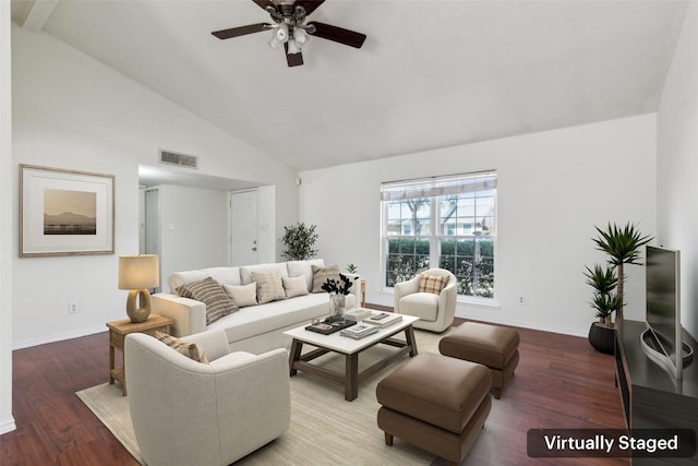 living room featuring high vaulted ceiling, visible vents, baseboards, and wood finished floors