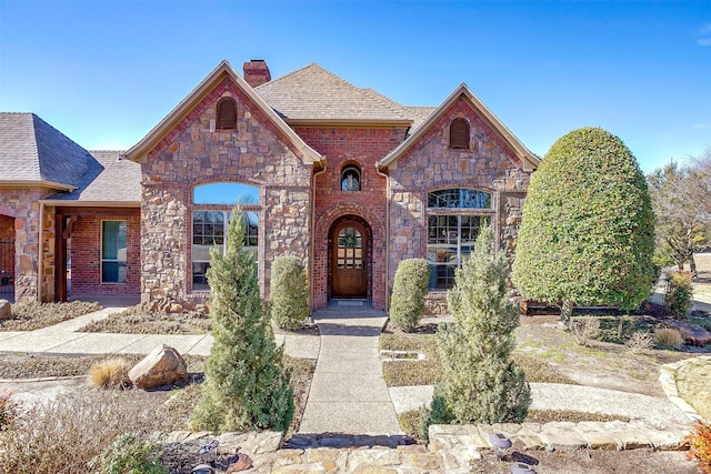 french country home with a shingled roof, brick siding, and a chimney