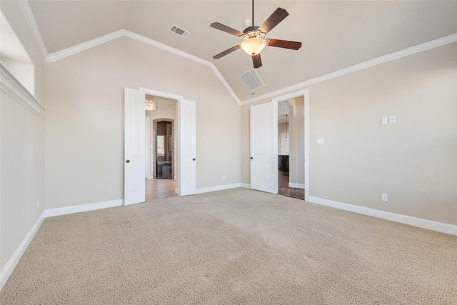 unfurnished bedroom with light carpet, baseboards, visible vents, and crown molding