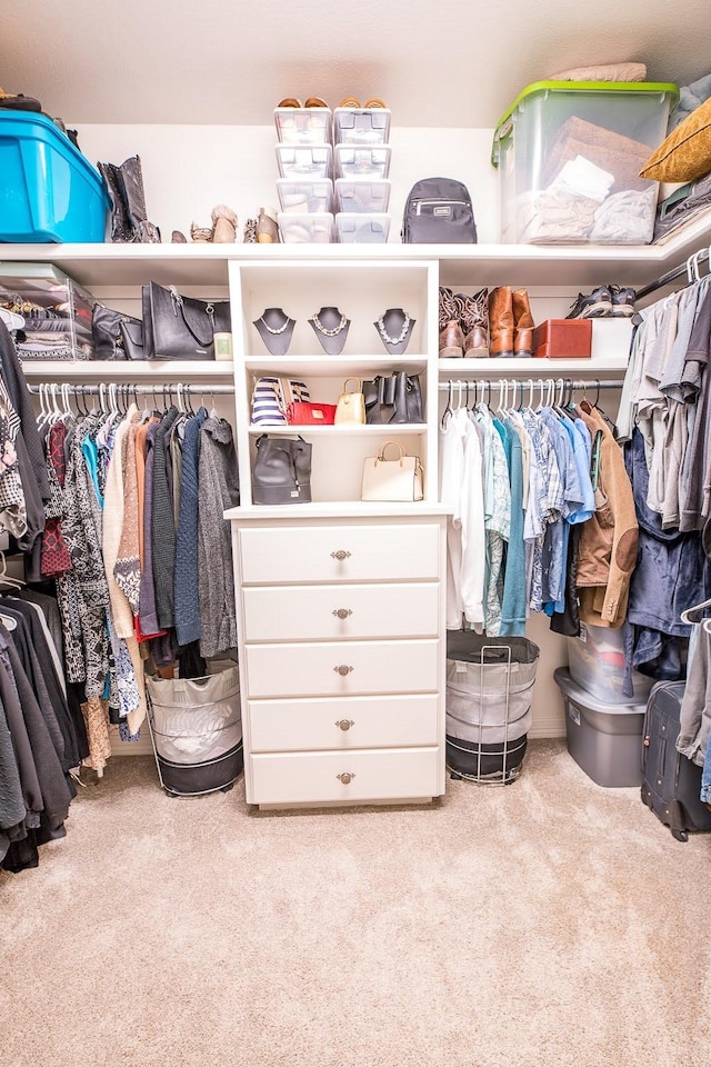 spacious closet featuring light carpet