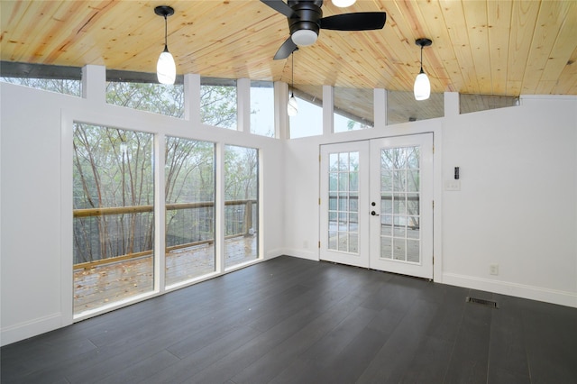 unfurnished sunroom featuring wooden ceiling, visible vents, vaulted ceiling, and french doors
