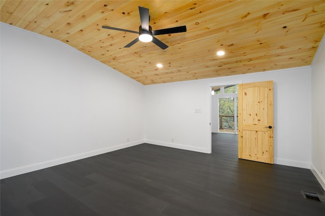unfurnished room featuring lofted ceiling, wooden ceiling, dark wood-style flooring, visible vents, and baseboards