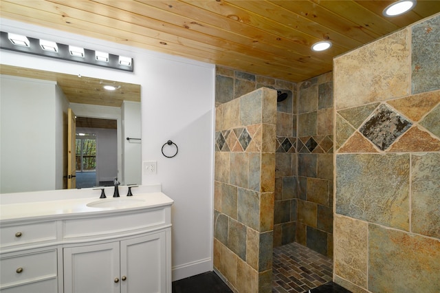 full bathroom with recessed lighting, wood ceiling, a walk in shower, and vanity