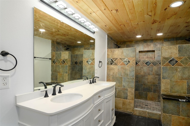 bathroom featuring recessed lighting, wooden ceiling, a sink, and double vanity