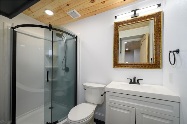 bathroom featuring a stall shower, wooden ceiling, visible vents, and vanity