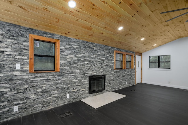 unfurnished living room with dark wood-style flooring, recessed lighting, vaulted ceiling, wooden ceiling, and baseboards