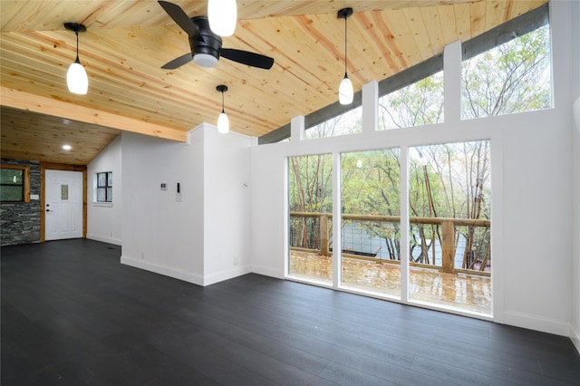 unfurnished living room featuring high vaulted ceiling, dark wood-type flooring, wooden ceiling, and baseboards