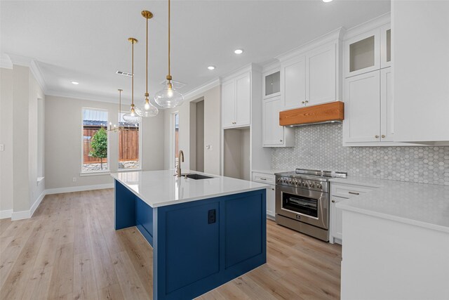 kitchen with white cabinets, light countertops, ventilation hood, stainless steel range, and glass insert cabinets