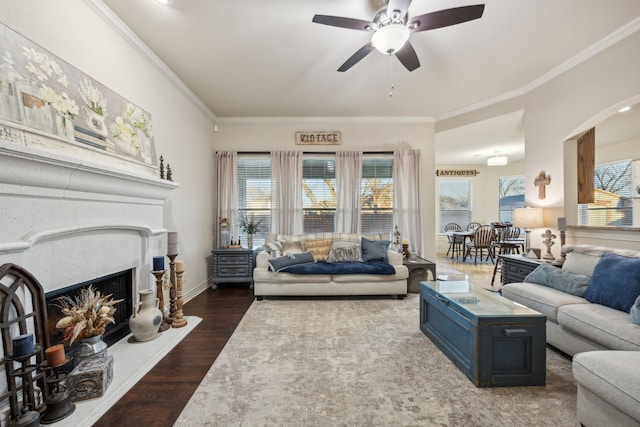 living room with crown molding, a fireplace with raised hearth, plenty of natural light, and wood finished floors