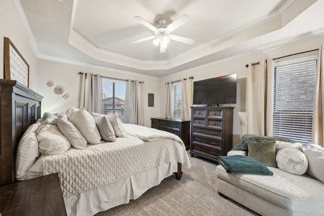 carpeted bedroom featuring ornamental molding, a raised ceiling, and ceiling fan