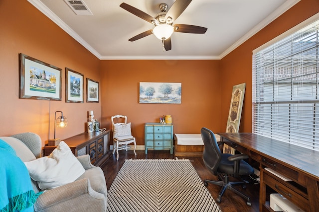 office space with a ceiling fan, visible vents, crown molding, and wood finished floors