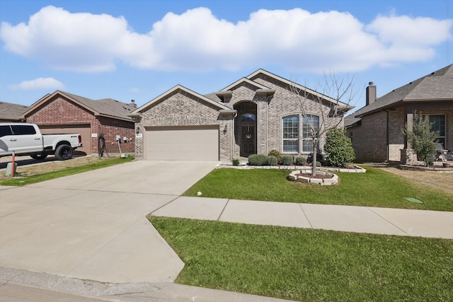 single story home with driveway, a garage, a front yard, and brick siding