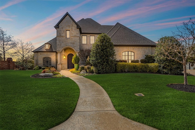 french country style house with stone siding and a lawn