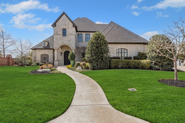 french provincial home with stone siding and a front yard