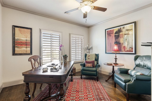 office featuring ornamental molding, wood finished floors, a ceiling fan, and baseboards