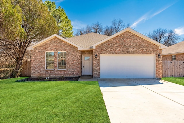 ranch-style home with a front yard, brick siding, driveway, and an attached garage