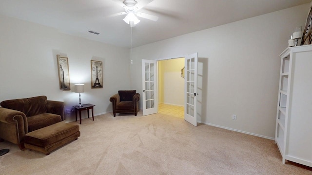 2404 Senepol Way, Fort Worth, TX 76131 - living area featuring french doors, carpet, and a ceiling fan