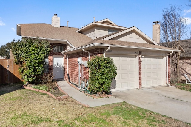 view of front facade featuring a garage, concrete driveway, roof with shingles, a front lawn, and brick siding