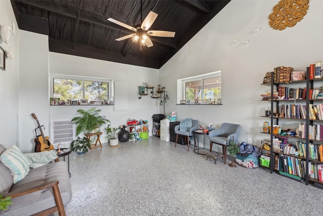 sitting room featuring visible vents, high vaulted ceiling, a ceiling fan, and speckled floor