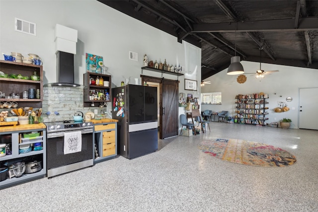 kitchen featuring open shelves, electric range, freestanding refrigerator, high vaulted ceiling, and wall chimney exhaust hood