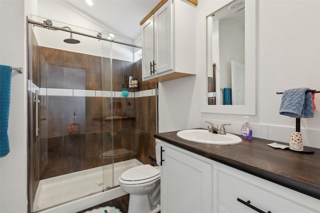 full bath with a stall shower, vaulted ceiling, vanity, and toilet